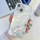 For iPhone 15 Plating Texture Wristband MagSafe TPU Phone Case with Glitter Lens Film(White Water Ripples) - 1