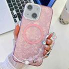 For iPhone 15 Plating Texture Wristband MagSafe TPU Phone Case with Glitter Lens Film(Pink Shell Pattern) - 1