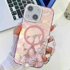 For iPhone 15 Plating Texture Wristband MagSafe TPU Phone Case with Glitter Lens Film(Pink Feathers) - 1