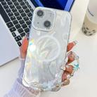 For iPhone 15 Plating Texture Wristband MagSafe TPU Phone Case with Glitter Lens Film(White Feather Yarn) - 1