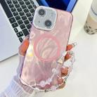 For iPhone 15 Plating Texture Wristband MagSafe TPU Phone Case with Glitter Lens Film(Pink Feather Yarn) - 1