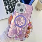 For iPhone 15 Plating Texture Wristband MagSafe TPU Phone Case with Glitter Lens Film(Purple Wrinkles) - 1