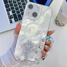 For iPhone 15 Plating Texture Wristband MagSafe TPU Phone Case with Glitter Lens Film(White Tinfoil Texture) - 1