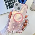 For iPhone 15 Plating Texture Wristband MagSafe TPU Phone Case with Glitter Lens Film(Pink Tinfoil Texture) - 1