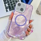 For iPhone 15 Plating Texture Wristband MagSafe TPU Phone Case with Glitter Lens Film(Purple Tinfoil Texture) - 1