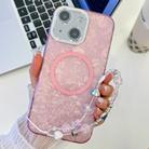 For iPhone 14 Plating Texture Wristband MagSafe TPU Phone Case with Glitter Lens Film(Pink Shell Pattern) - 1