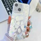 For iPhone 14 Plating Texture Wristband MagSafe TPU Phone Case with Glitter Lens Film(White Feathers) - 1