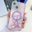 For iPhone 14 Plating Texture Wristband MagSafe TPU Phone Case with Glitter Lens Film(Purple Feathers) - 1