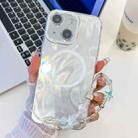 For iPhone 14 Plating Texture Wristband MagSafe TPU Phone Case with Glitter Lens Film(White Feather Yarn) - 1