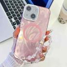 For iPhone 14 Plating Texture Wristband MagSafe TPU Phone Case with Glitter Lens Film(Pink Feather Yarn) - 1