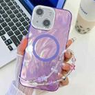 For iPhone 14 Plating Texture Wristband MagSafe TPU Phone Case with Glitter Lens Film(Purple Feather Yarn) - 1