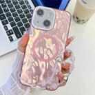 For iPhone 14 Plating Texture Wristband MagSafe TPU Phone Case with Glitter Lens Film(Pink Wrinkles) - 1