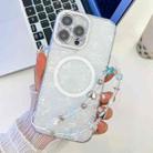 For iPhone 14 Pro Max Plating Texture Wristband MagSafe TPU Phone Case with Glitter Lens Film(White Shell Pattern) - 1