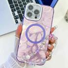 For iPhone 13 Pro Max Plating Texture Wristband MagSafe TPU Phone Case with Glitter Lens Film(Purple Feathers) - 1