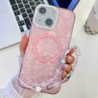 For iPhone 13 Plating Texture Wristband MagSafe TPU Phone Case with Glitter Lens Film(Pink Shell Pattern) - 1