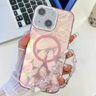 For iPhone 13 Plating Texture Wristband MagSafe TPU Phone Case with Glitter Lens Film(Pink Feathers) - 1