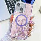 For iPhone 13 Plating Texture Wristband MagSafe TPU Phone Case with Glitter Lens Film(Purple Feathers) - 1