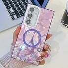 For Samsung Galaxy S24 FE 5G Plating Texture Wristband MagSafe TPU Phone Case with Glitter Lens Film(Purple Feathers) - 1