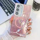 For Samsung Galaxy S24 FE 5G Plating Texture Wristband MagSafe TPU Phone Case with Glitter Lens Film(Pink Feather Yarn) - 1