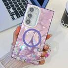 For Samsung Galaxy A55 5G Plating Texture Wristband MagSafe TPU Phone Case with Glitter Lens Film(Purple Feathers) - 1