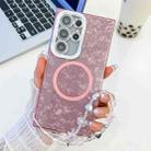 For Samsung Galaxy S24 Ultra 5G Plating Texture Wristband MagSafe TPU Phone Case with Glitter Lens Film(Pink Shell Pattern) - 1