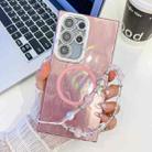 For Samsung Galaxy S24 Ultra 5G Plating Texture Wristband MagSafe TPU Phone Case with Glitter Lens Film(Pink Feather Yarn) - 1