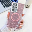 For Samsung Galaxy S23 Ultra 5G Plating Texture Wristband MagSafe TPU Phone Case with Glitter Lens Film(Pink Shell Pattern) - 1