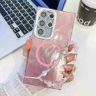 For Samsung Galaxy S23 Ultra 5G Plating Texture Wristband MagSafe TPU Phone Case with Glitter Lens Film(Pink Feather Yarn) - 1