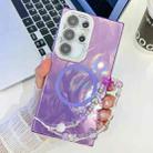 For Samsung Galaxy S23 Ultra 5G Plating Texture Wristband MagSafe TPU Phone Case with Glitter Lens Film(Purple Feather Yarn) - 1