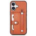 For iPhone 16 Wristband Kickstand Card Wallet Back Phone Case with Tool Knife(Brown) - 1