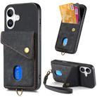 For iPhone 16 Retro Card Wallet Fold Leather Phone Case with Strap(Black) - 1