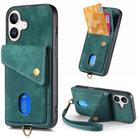 For iPhone 16 Retro Card Wallet Fold Leather Phone Case with Strap(Green) - 1