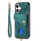 For iPhone 16 Retro Card Wallet Fold Leather Phone Case with Strap(Green) - 2