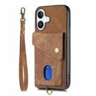 For iPhone 16 Retro Card Wallet Fold Leather Phone Case with Strap(Brown) - 2