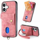 For iPhone 16 Retro Card Wallet Fold Leather Phone Case with Strap(Pink) - 1