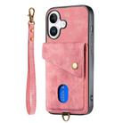 For iPhone 16 Retro Card Wallet Fold Leather Phone Case with Strap(Pink) - 2