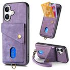 For iPhone 16 Retro Card Wallet Fold Leather Phone Case with Strap(Purple) - 1