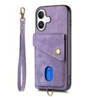 For iPhone 16 Retro Card Wallet Fold Leather Phone Case with Strap(Purple) - 2