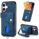 For iPhone 16 Plus Retro Card Wallet Fold Leather Phone Case with Strap(Blue) - 1