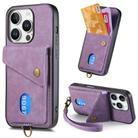 For iPhone 16 Pro Max Retro Card Wallet Fold Leather Phone Case with Strap(Purple) - 1