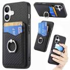 For iPhone 16 Carbon Fiber Card Wallet Ring Phone Case(Black) - 1