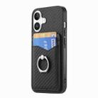 For iPhone 16 Carbon Fiber Card Wallet Ring Phone Case(Black) - 2