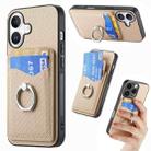 For iPhone 16 Carbon Fiber Card Wallet Ring Phone Case(Khaki) - 1