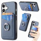 For iPhone 16 Carbon Fiber Card Wallet Ring Phone Case(Blue) - 1