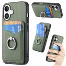 For iPhone 16 Carbon Fiber Card Wallet Ring Phone Case(Green) - 1