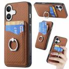 For iPhone 16 Carbon Fiber Card Wallet Ring Phone Case(Brown) - 1