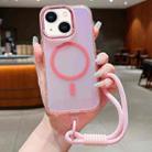 For iPhone 14 Bright Shadow  Magsafe Discoloration Phone Case with Wrist Strap(Pink) - 1