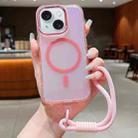 For iPhone 15 Bright Shadow  Magsafe Discoloration Phone Case with Wrist Strap(Pink) - 1