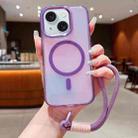 For iPhone 15 Bright Shadow  Magsafe Discoloration Phone Case with Wrist Strap(Purple) - 1