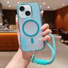 For iPhone 15 Plus Bright Shadow  Magsafe Discoloration Phone Case with Wrist Strap(Blue) - 1